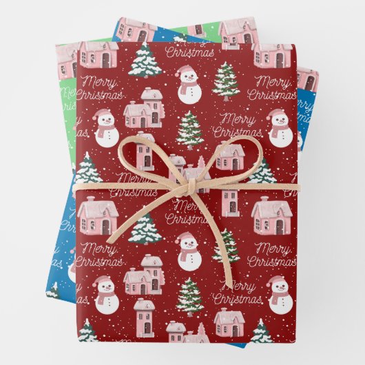 クリスマスピンクコテージパインツリースノーウィー ラッピングペーパーシート (インサイチュ)
