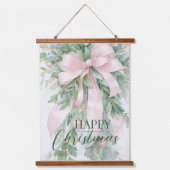 クリスマスピンクサテンリボンホリーグリーン 吊り下げ型タペストリー (正面)