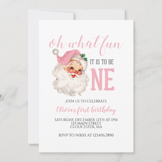 クリスマスピンクサンタファースト誕生日 招待状 (正面)