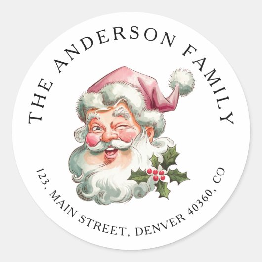 クリスマスピンクサンタ差出人住所ラベル ラウンドシール (正面)