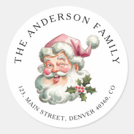 クリスマスピンクサンタ差出人住所ラベル ラウンドシール