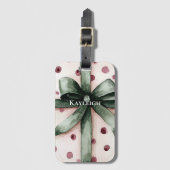 クリスマスピンクドットグリーンリボン&ボウ ラゲッジタグ (正面縦)