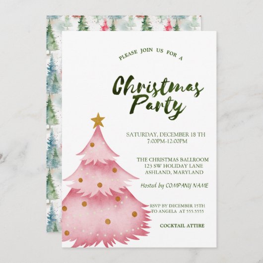 クリスマスピンクパインツリークリスマスカンパニーパーティー 招待状 (正面/裏面)