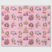クリスマスピンクピンクピンアップ人形、ツリートラックデザイン ラッピングペーパー (フラット)