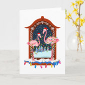 クリスマスピンクフラミンゴスホリデー カード (黄色い花)