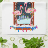 クリスマスピンクフラミンゴスホリデー キッチンタオル (折り畳み)