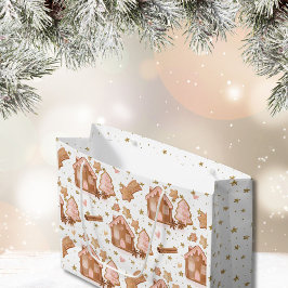 クリスマスピンクブラウンジンガーブレッドハウス金ゴールド星 ラージペーパーバッグ