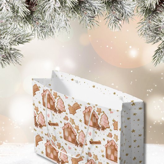 クリスマスピンクブラウンジンガーブレッドハウス金ゴールド星 ラージペーパーバッグ