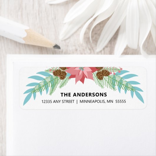 クリスマスピンクポインセチアと松の枝 ラベル (インサイチュ)