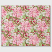 クリスマスピンクポインセチアフローラホリデー ラッピングペーパー (フラット)