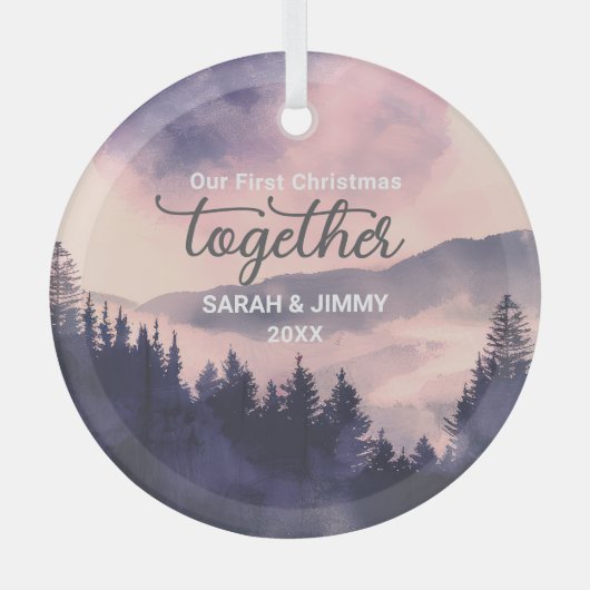 クリスマスピンクマウンテンアドベンチャーアウトドアカップル ガラスオーナメント (正面)