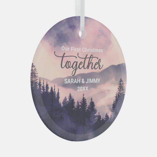 クリスマスピンクマウンテンアドベンチャーアウトドアカップル ガラスオーナメント (正面右)