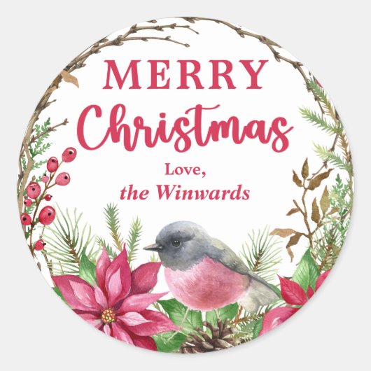 クリスマスピンクロビンポインセチア冬リース ラウンドシール (正面)