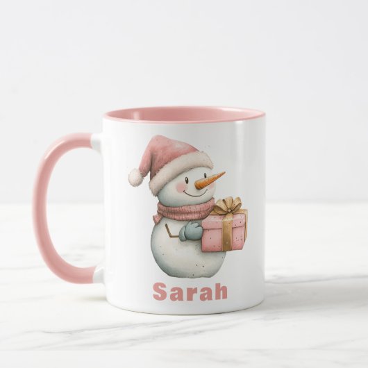 クリスマスピンク雪だるまギフト名前をカスタムする マグカップ (左)