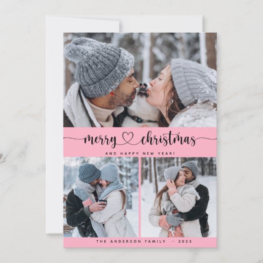 クリスマスピンク3コラージュ数々のフォトホリデーカード 招待状 (正面)