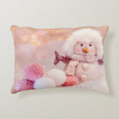 クリスマスピンク&ホワイトフワフワ雪だるま アクセントクッション (正面)