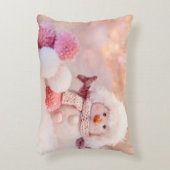 クリスマスピンク&ホワイトフワフワ雪だるま アクセントクッション (正面(垂直))