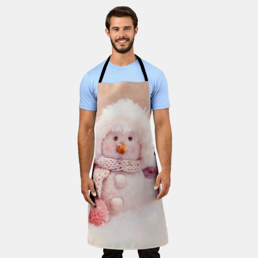 クリスマスピンク&ホワイトフワフワ雪だるま エプロン (着用した状態)