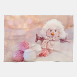 クリスマスピンク&ホワイトフワフワ雪だるま キッチンタオル