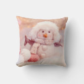 クリスマスピンク&ホワイトフワフワ雪だるま クッション (正面)