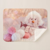 クリスマスピンク&ホワイトフワフワ雪だるま シェルパブランケット (正面(横))