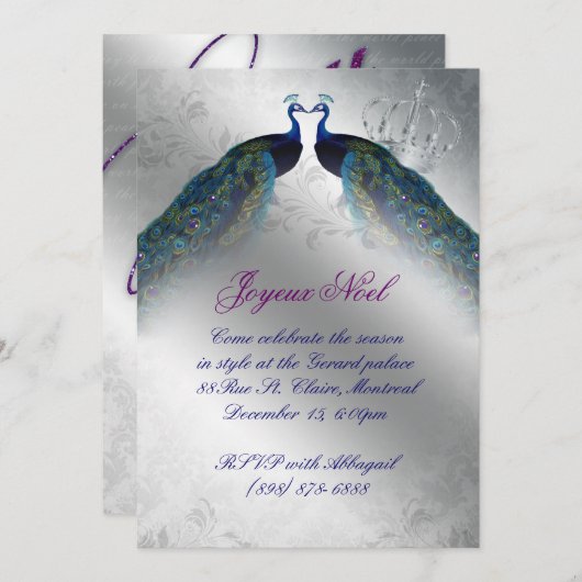 クリスマスピーコックカード招待状ブルーシルバージョイ 招待状 (正面/裏面)