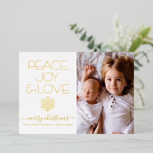 クリスマスピース喜びラブフォトスノーフレーク実在金ゴールド 箔シーズンカード (立ち正面)