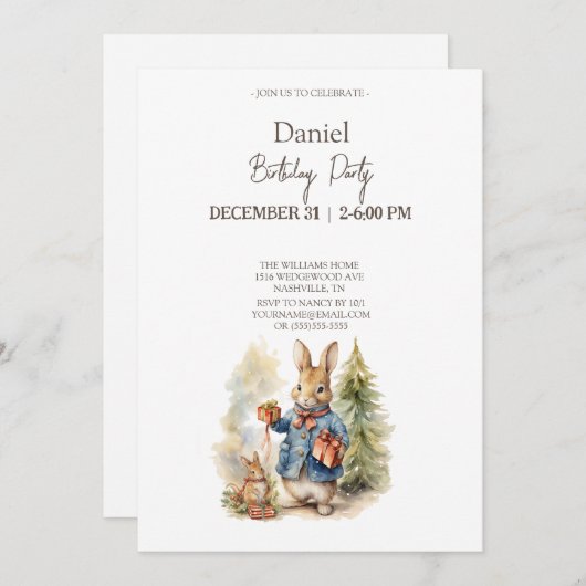 クリスマスピーターうさぎ誕生日パーティー 招待状 (正面/裏面)