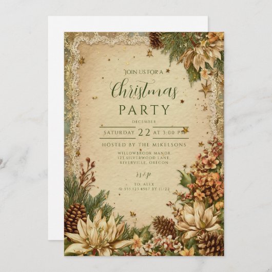 クリスマスピ素朴ネコーンとレース 招待状 (正面/裏面)