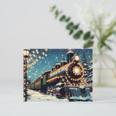 クリスマスファッションドの夜の古いヴィンテージ列車 シーズンポストカード (スタンド正面)