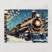 クリスマスファッションドの夜の古いヴィンテージ列車 シーズンポストカード (正面)