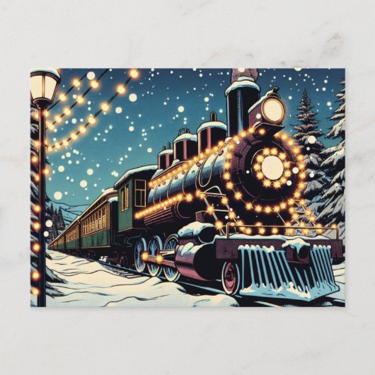 クリスマスファッションドの夜の古いヴィンテージ列車 シーズンポストカード (正面)