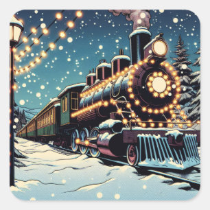 クリスマスファッションドの夜の古いヴィンテージ列車 スクエアシール