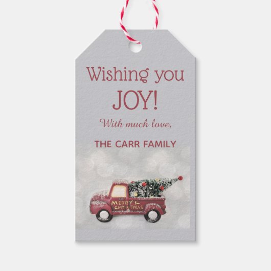 クリスマスファッションドツリー付き古い赤いトラック ギフトタグ (正面)