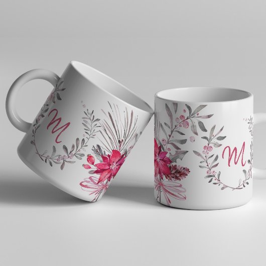 クリスマスファミリーのモノグラム水の色ポインセチア コーヒーマグカップ