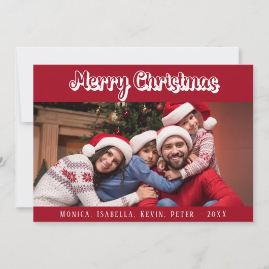 クリスマスファミリーの写真の赤い白いモダン文字 シーズンカード (正面)