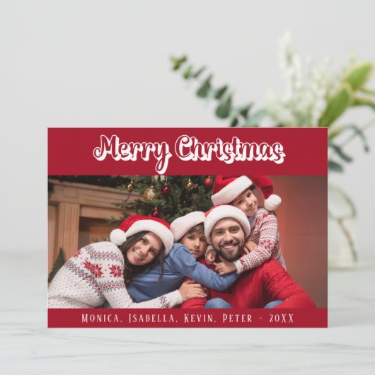 クリスマスファミリーの写真の赤い白いモダン文字 シーズンカード (スタンド正面)