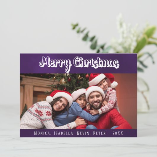 クリスマスファミリーの写真紫の白いモダン文字 シーズンカード (スタンド正面)