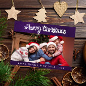 クリスマスファミリーの写真紫の白いモダン文字 シーズンカード