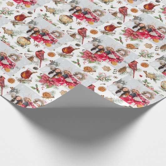 クリスマスファミリーの写真赤い白いパーティー ラッピングペーパー (角)