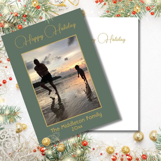 クリスマスファミリーエレガントフォトグリーンメリー金ゴールド シーズンカード