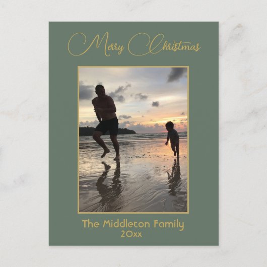クリスマスファミリーエレガントフォトグリーンメリー金ゴールド シーズンポストカード (正面)
