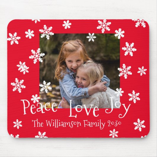 クリスマスファミリーフォトイヤー白いスノーフレーク赤 マウスパッド (正面)