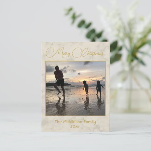 クリスマスファミリーフォトエレガント金ゴールドクリーム シーズンポストカード (スタンド正面)