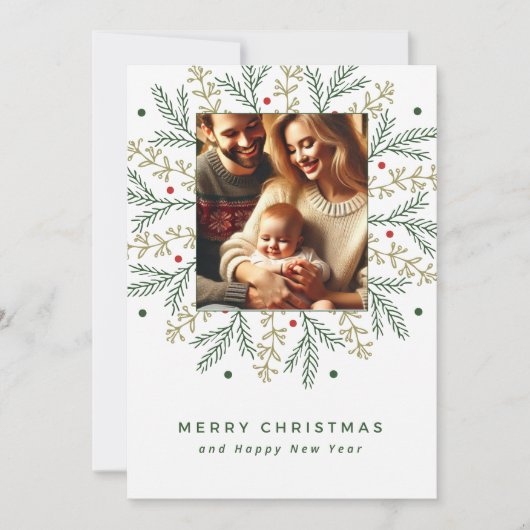 クリスマスファミリーフォトカードと松の枝のデザイン 招待状 (正面)