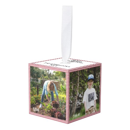 クリスマスファミリーフォトキューブ5写真、赤 キューブオーナメント (正面アングル)