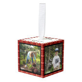 クリスマスファミリーフォトキューブ5写真、Plaid キューブオーナメント (正面アングル)