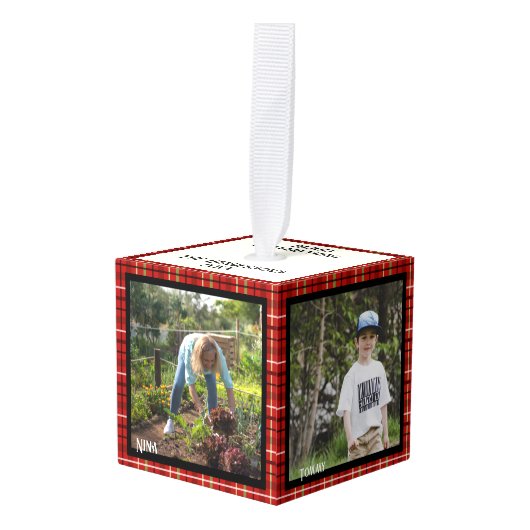 クリスマスファミリーフォトキューブ5写真、Plaid キューブオーナメント (正面アングル)
