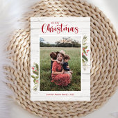 クリスマスファミリーフォトグリーンリーホワイトウッドフラット シーズンカード