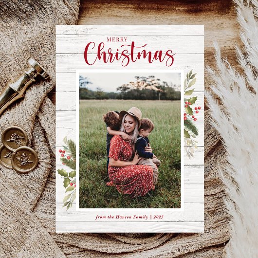 クリスマスファミリーフォトグリーンリーホワイトウッドフラット シーズンカード